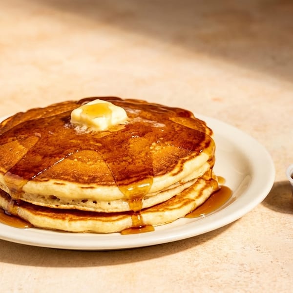 Stack of golden pancakes with melting butter and syrup, next to a small cup of syrup.