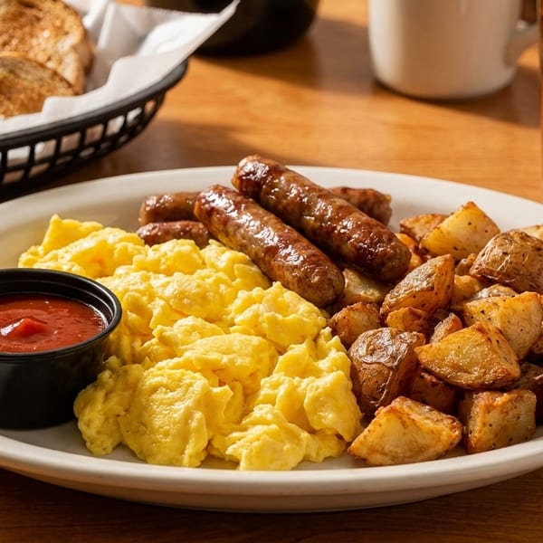 A breakfast plate with scrambled eggs, sausage links, home fries, ketchup, and toast.