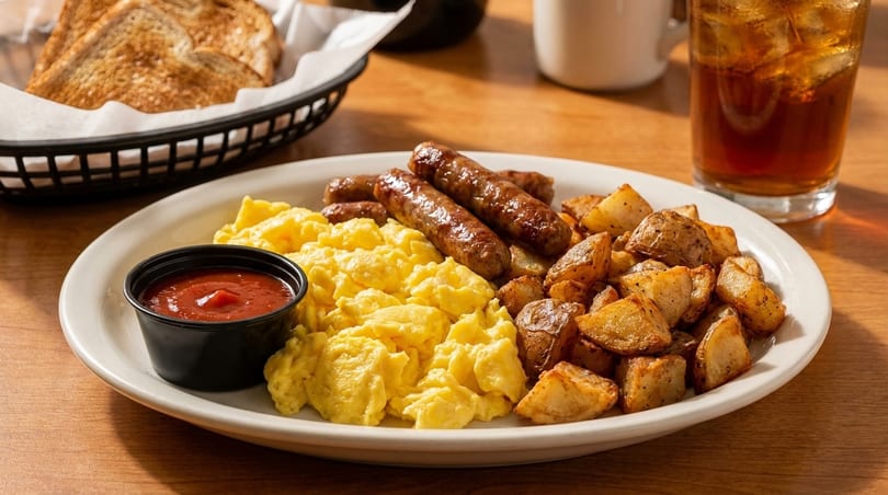 A breakfast plate with scrambled eggs, sausage links, home fries, ketchup, and toast.