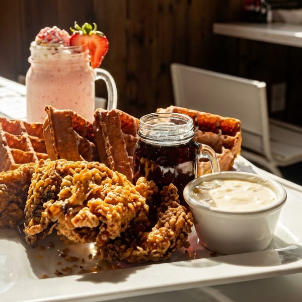 Crispy fried chicken and waffles with gravy, syrup, and a strawberry milkshake on a sunlit table.