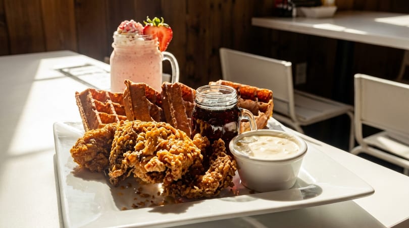 Crispy fried chicken and waffles with gravy, syrup, and a strawberry milkshake on a sunlit table.
