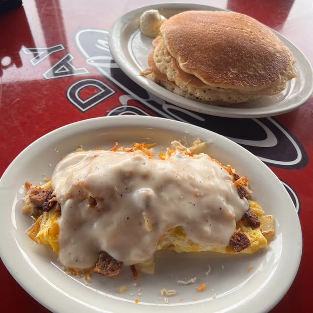 Country Omelette with 2 Pancakes.